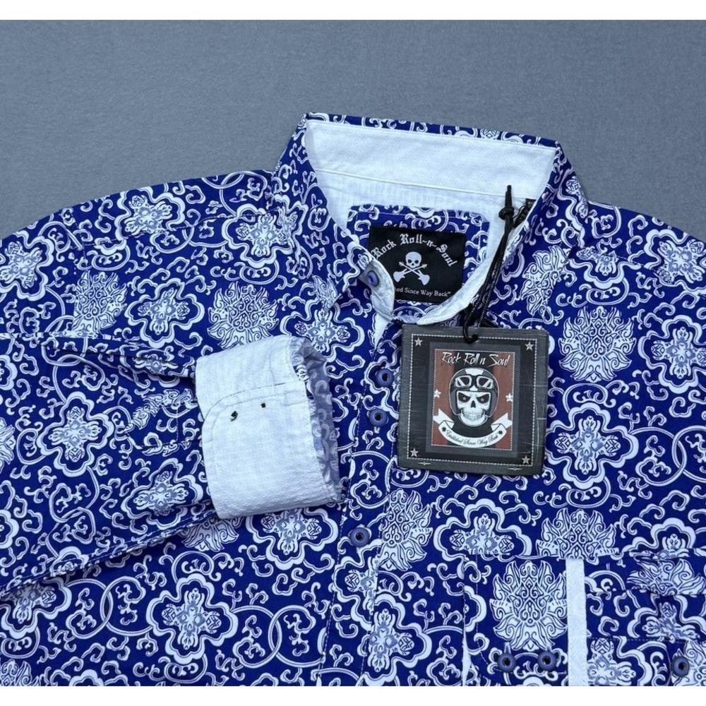 Rock Roll N Soul Shirt Mens M Blue Geometric Loud Abstract Western NEW